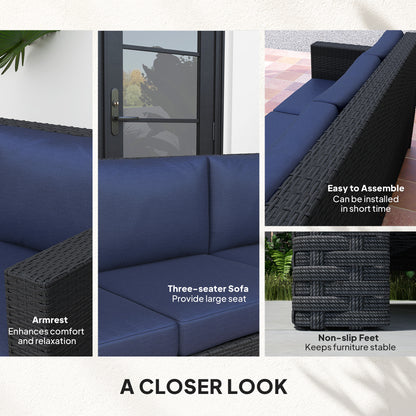 Canapé 3 places en rotin et osier, mobilier de jardin extérieur avec coussin, bleu marine