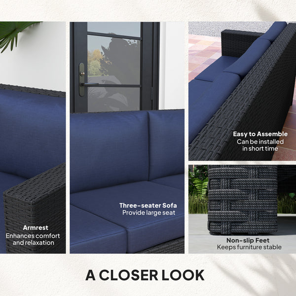 Canapé 3 places en rotin et osier, mobilier de jardin extérieur avec coussin, bleu marine