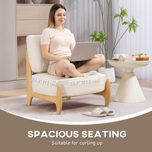 Fauteuil d'appoint avec structure en bois d'hévéa, assise large, blanc crème