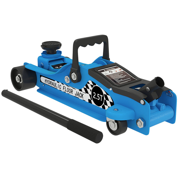 Cric hydraulique extra-bas 2,5 tonnes bleu avec plage de levage jusqu’à 14,1 po, bleu