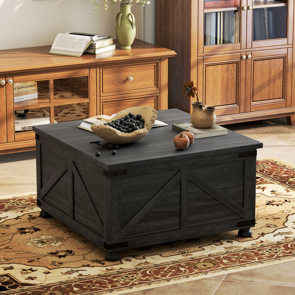 Table basse avec plateau relevable de style campagnard avec compartiment caché pour le salon, grain de bois noir