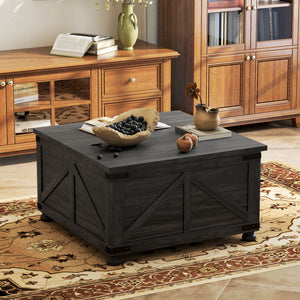 Table basse avec plateau relevable de style campagnard avec compartiment caché pour le salon, grain de bois noir