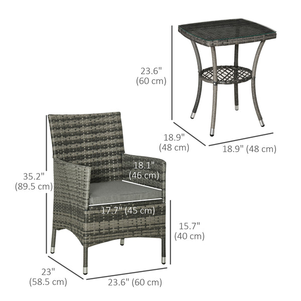 3 Pieces Wicker Patio Furniture Set, Rattan Bistro Set with Glass Top Coffee Table and Cushions, Outdoor Conversation Set for Garden, Porch, Balcony, Mixed Grey