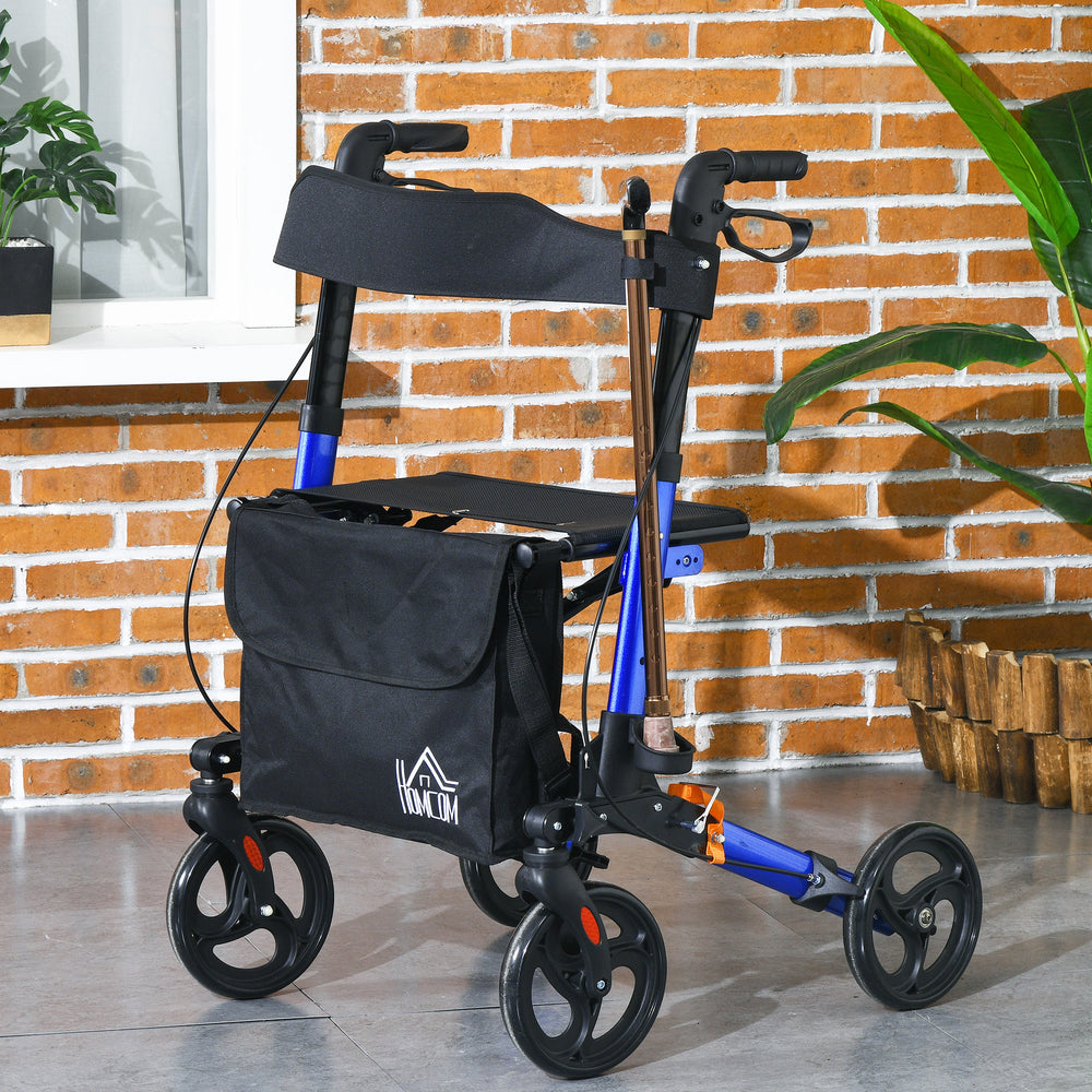 Senior walker with seat and backrest in blue