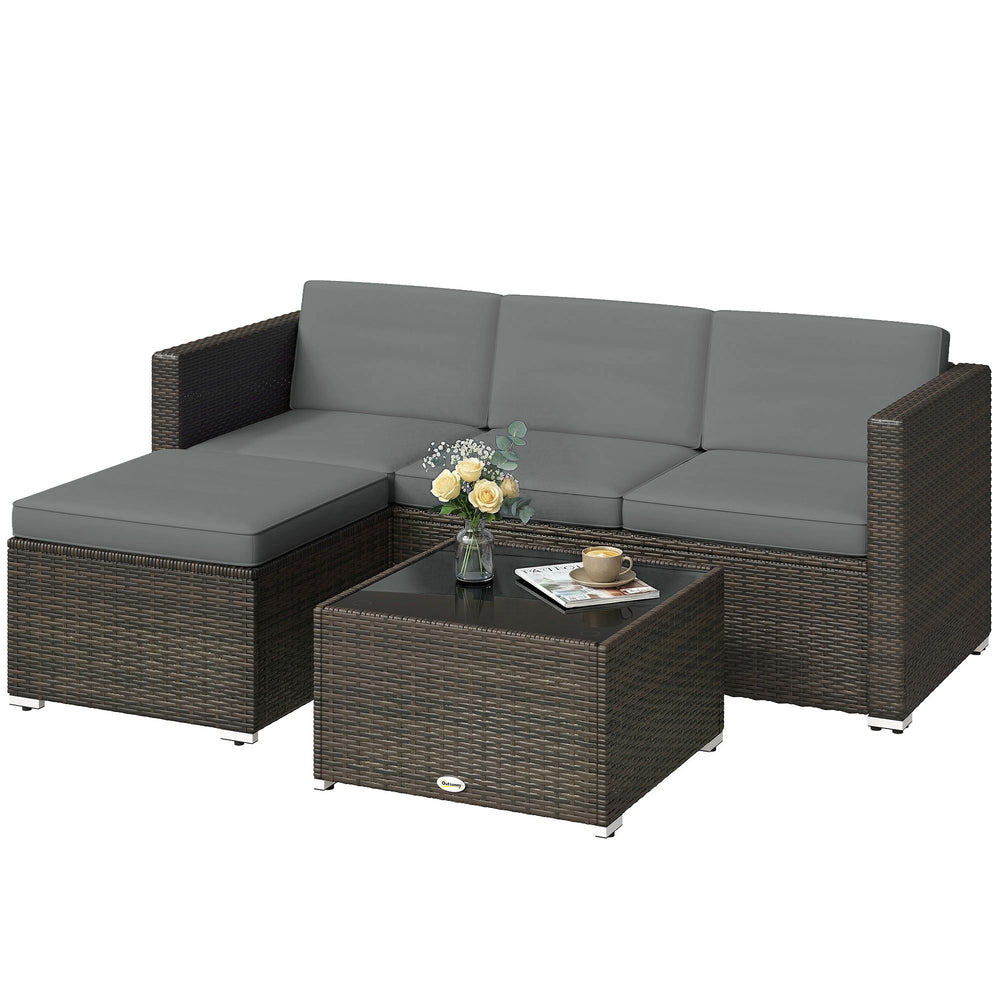 Ensemble de mobilier de patio 3 pièces en rotin PE tressé avec coussins et table basse en verre
