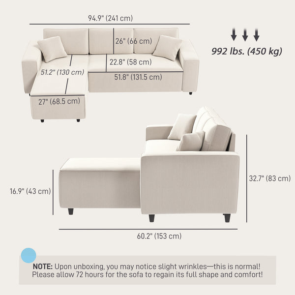 Canapé d'angle avec méridienne convertible, ressorts ensachés, 2 coussins, blanc crème