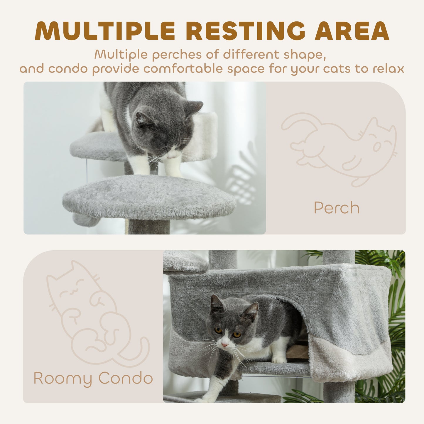 53" Cat Tree with Scratching Post, Large Kitten Playhouse, Multi-Level Activity Center, Gray