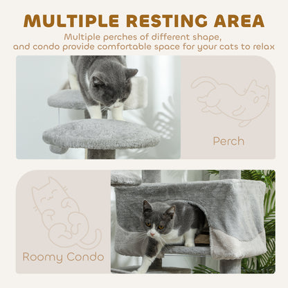 53" Cat Tree with Scratching Post, Large Kitten Playhouse, Multi-Level Activity Center, Gray