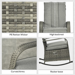 Outdoor Wicker Rocking Chair with Cushion, Patio PE Rattan Recliner Chair with Adjustable Footrest, Armrests, Mixed Grey