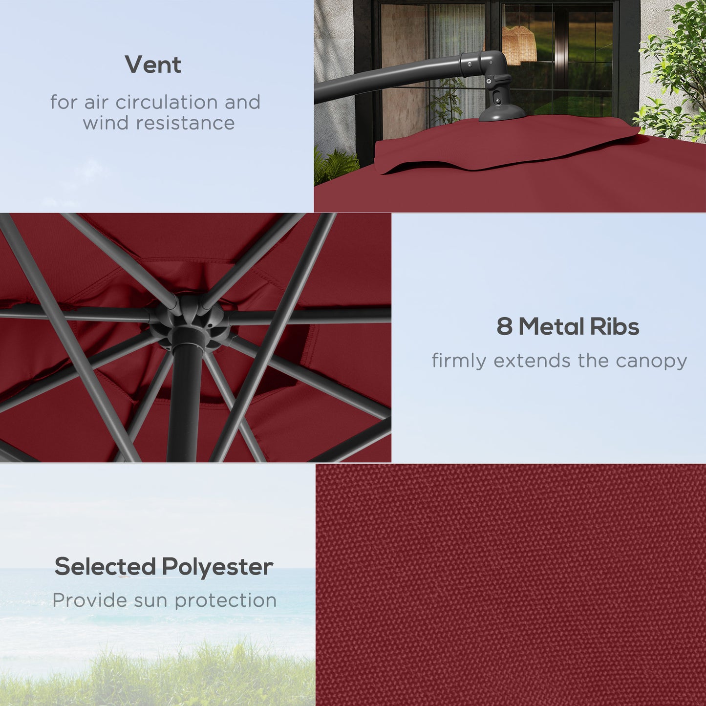 Outsunny 3m Hanging Garden Umbrella, Cantilever, Banana, with Base and Crank, Wine Red