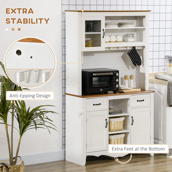 Buffet de cuisine style campagnard avec tiroir utilitaire et étagères 5 niveaux, blanc