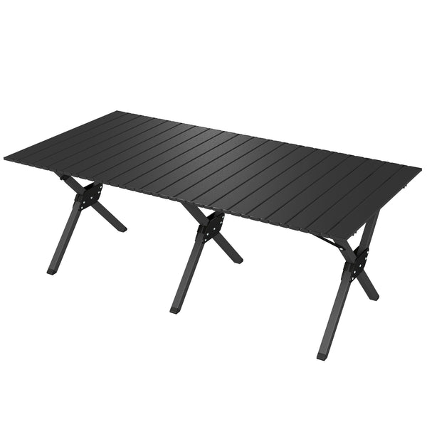 Table de camping pliante imperméable avec plateau enroulable et structure en métal, noire