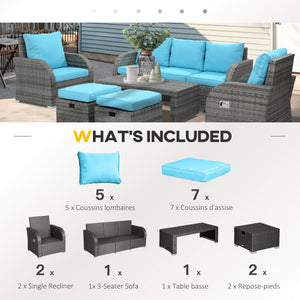 6 Pieces Patio Furniture Set, Conversation Set Wicker Sectional Set Cushioned Outdoor Rattan 3-Seat Sofa, 2 Adjustable Recliners, 2 Footstools & Table Set for Lawn Garden Backyard, Sky Blue