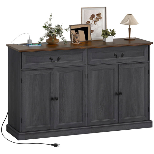 Buffet style ferme avec station de recharge, 2 tiroirs et 2 étagères réglables, finition bois gris