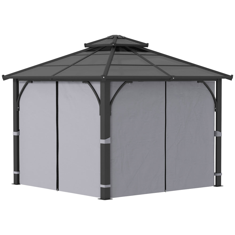 10' x 10' Hardtop Gazebo with 7mm Double Polycarbonate Roof, Outdoor Gazebo with Netting and Curtains, Dark Grey