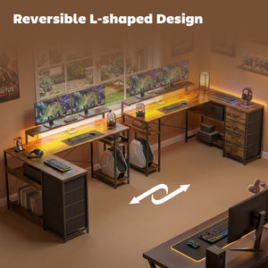 Gaming Desk with Power Outlets LED Lights Computer Desk with Drawers Monitor Stand 61" Rustic Brown