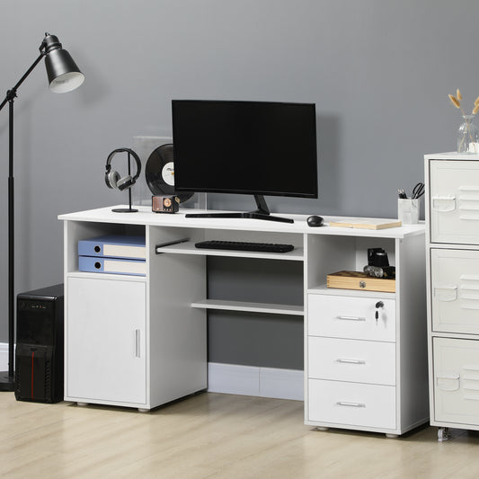 Bureau d'ordinateur avec plateau pour clavier et tiroirs, blanc