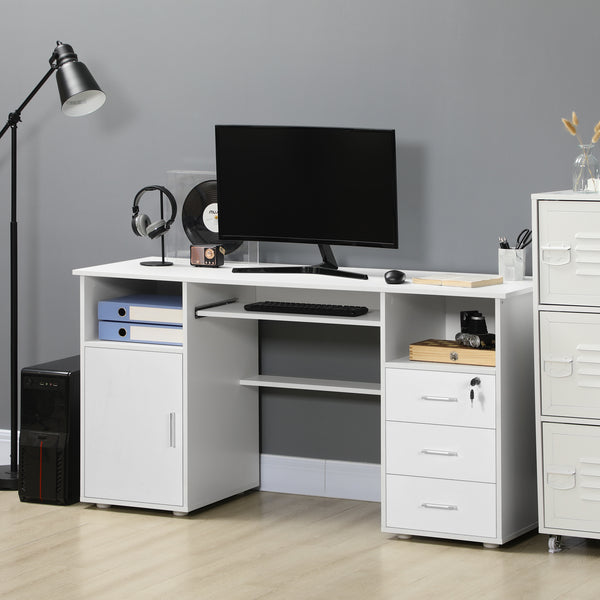 Bureau d'ordinateur avec plateau pour clavier et tiroirs, blanc
