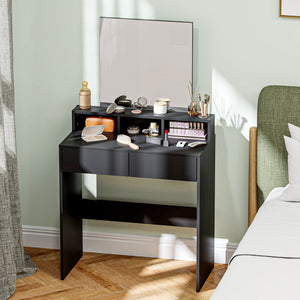 Coiffeuse avec miroir, tiroirs et compartiments, noire