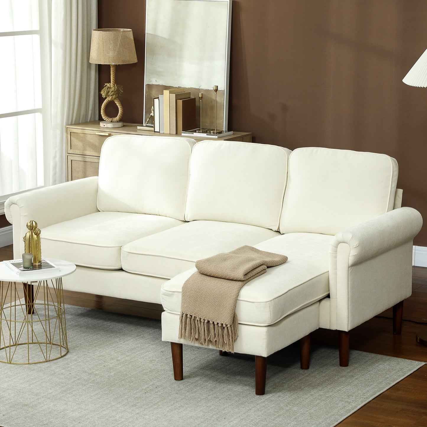 Canapé d'angle moderne avec méridienne amovible, pieds en bois, couleur crème