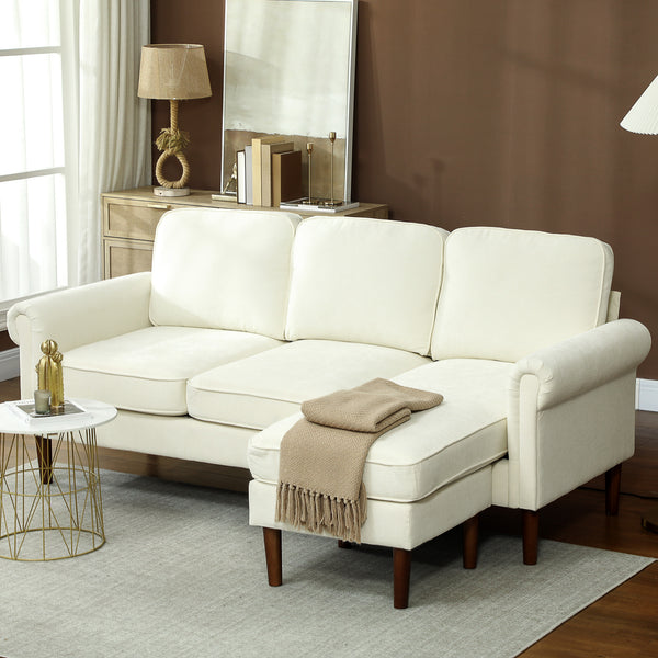 Canapé d'angle moderne avec méridienne amovible, pieds en bois, couleur crème