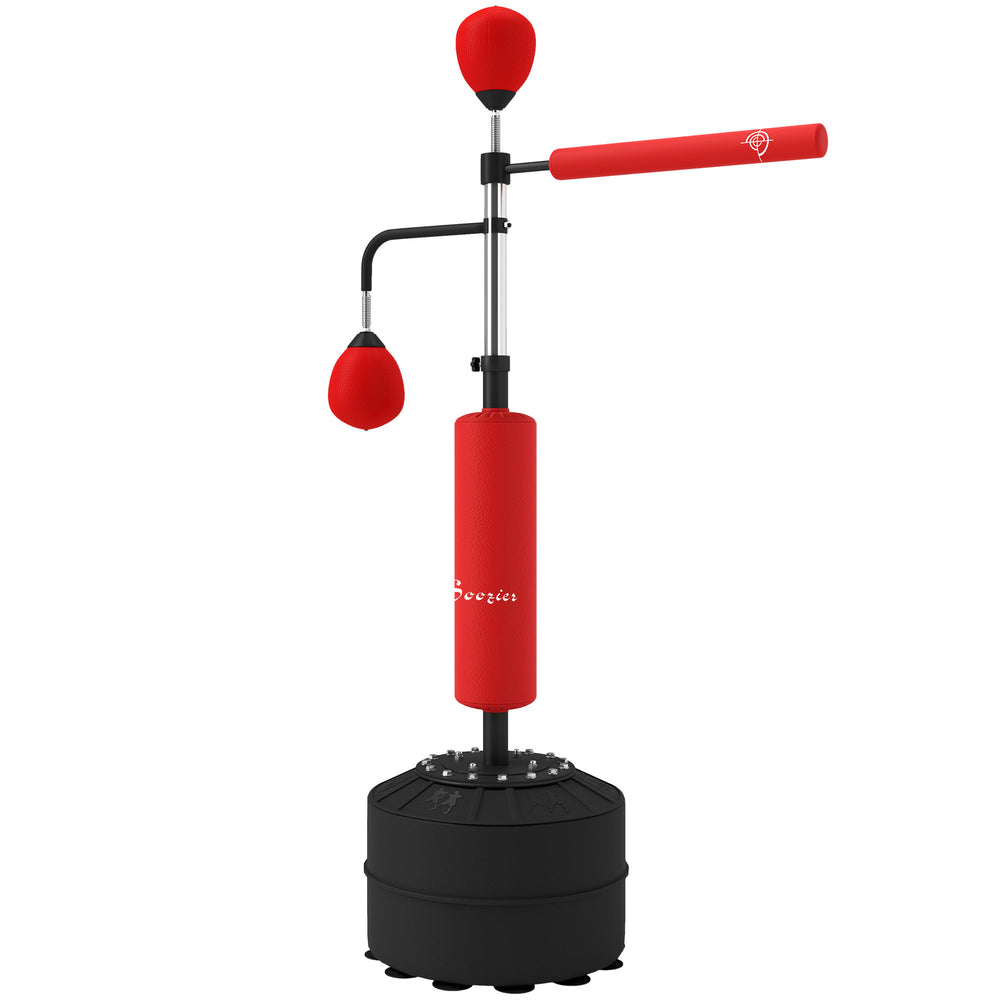 Sac de frappe autoportant 3 en 1 rouge, réglable en hauteur avec 2 balles de vitesse et barre réflexe 360° – équipement de boxe pour entraînement à domicile