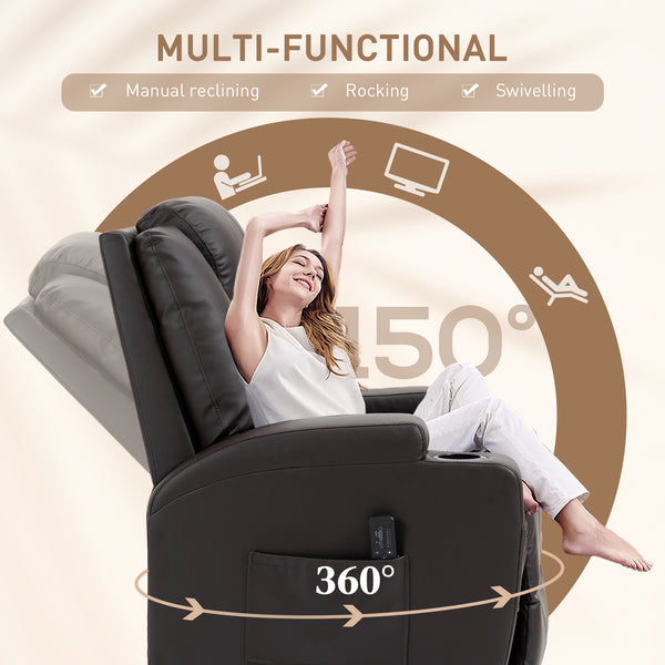 Fauteuil massant inclinable à bascule pivotant avec 8 points de vibration, marron