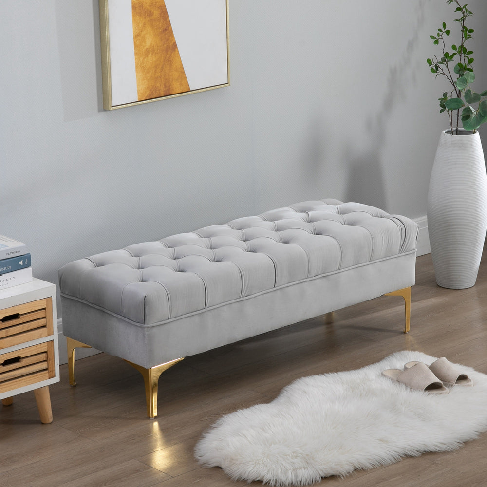 Banc de chevet rembourré avec capitonnage à boutons, gris