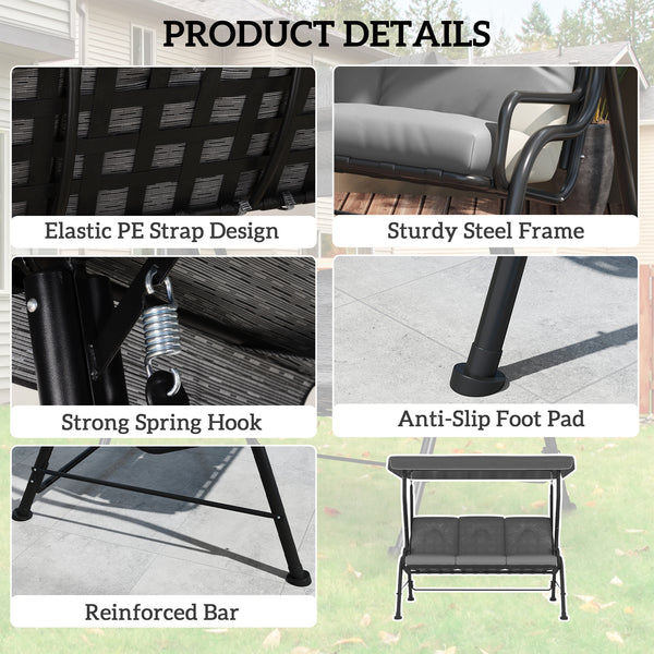 3-Person Patio Swing Chair with Canopy 3 Seater Porch Swing for Garden, Backyard, Poolside, Light Grey