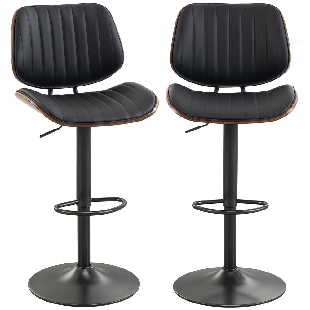 Set of 2 bar stools, swivel, with backrest, adjustable height, black