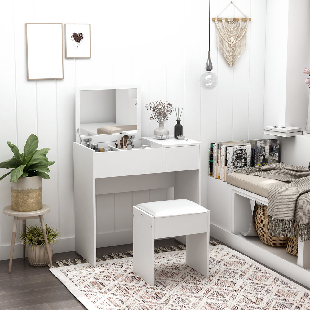 Coiffeuse moderne avec miroir rabattable et tabouret rembourré, blanc