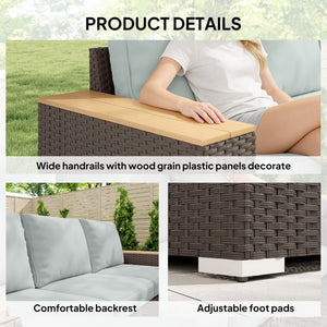 3-Seater Outdoor Sofa Couch, Wicker Patio Sofa with Wood Effect Armrests and Thick Cushions, Grey