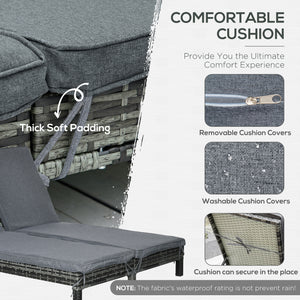 Chaise longue double en osier avec dossier réglable et coussins, noir et gris