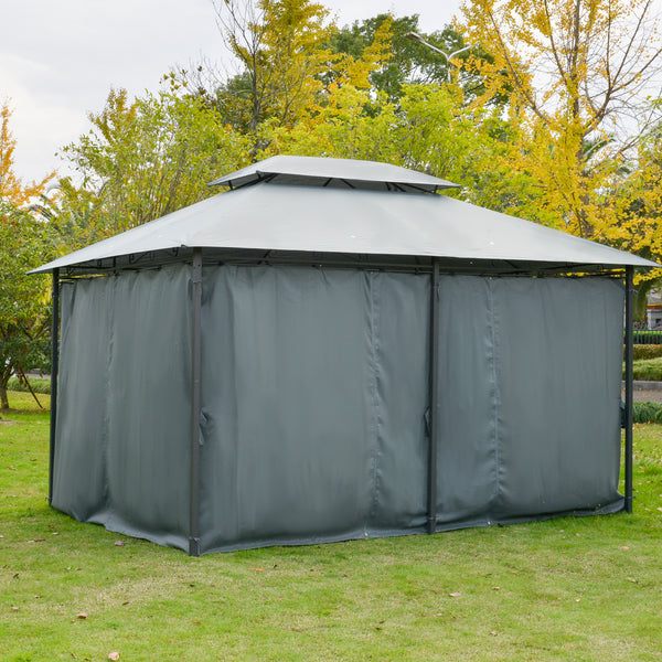 13'L x 10'W x 8.7'H Patio Gazebo Outdoor 2-Tiers Garden Canopy Yard Sunshade Shelter with Curtains, Grey