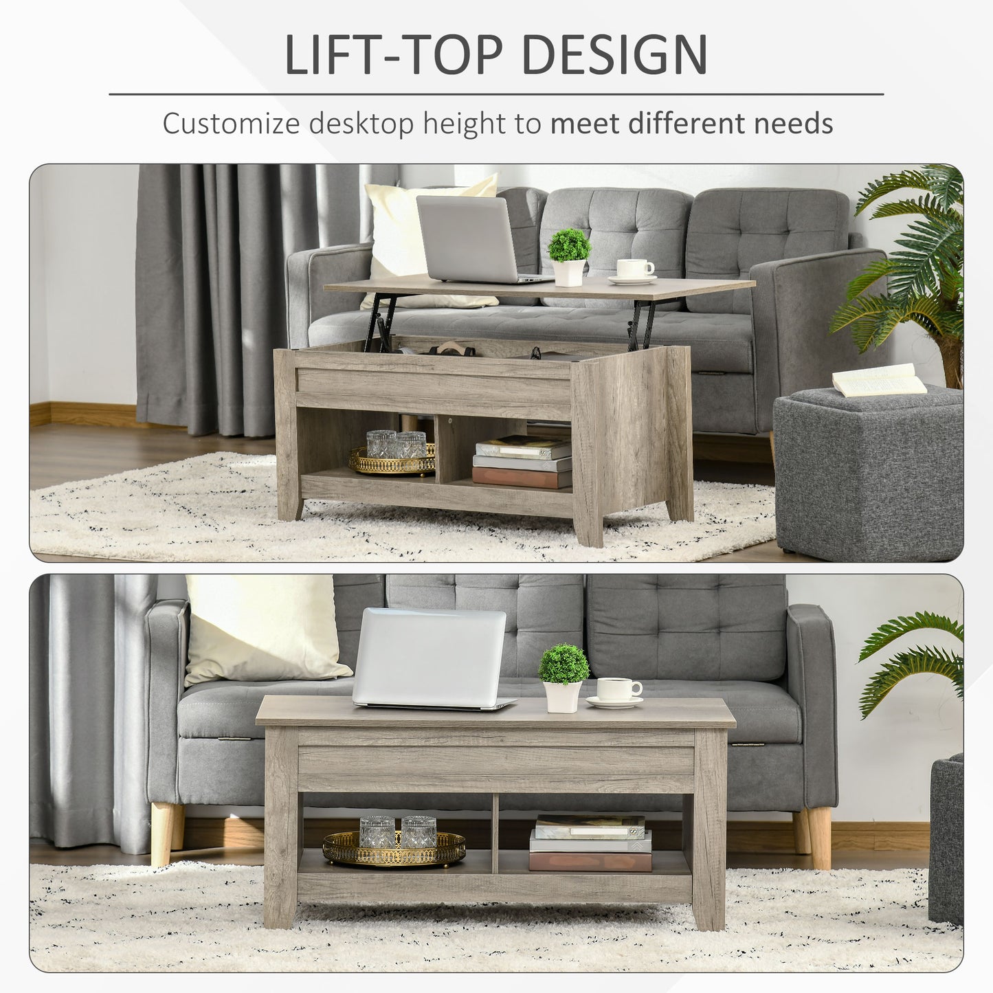 Table centrale relevable pour salon, effet chêne