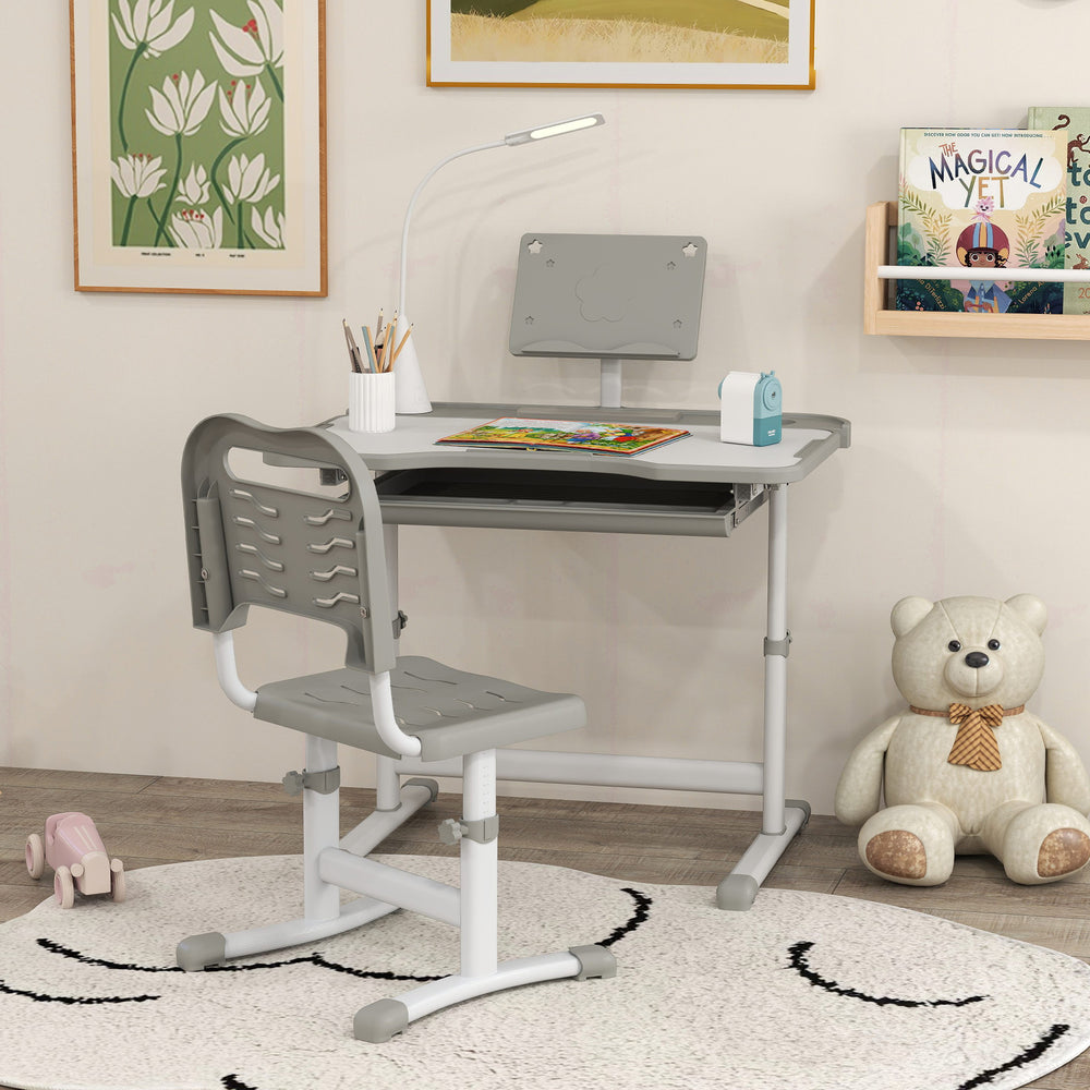 Ensemble bureau et chaise réglable en hauteur avec plateau inclinable, gris