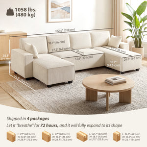 Canapé d'angle modulable en forme de U avec double méridienne et coussins à ressorts, beige