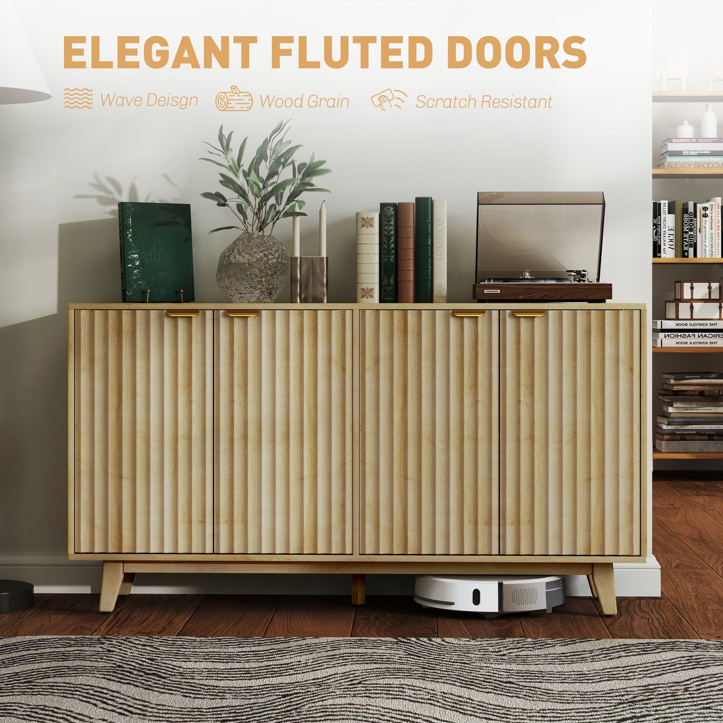 HOMCOM fluted sideboard, 140 cm bar cabinet, 4 doors, 2 adjustable shelves, 5 wooden legs, natural wood