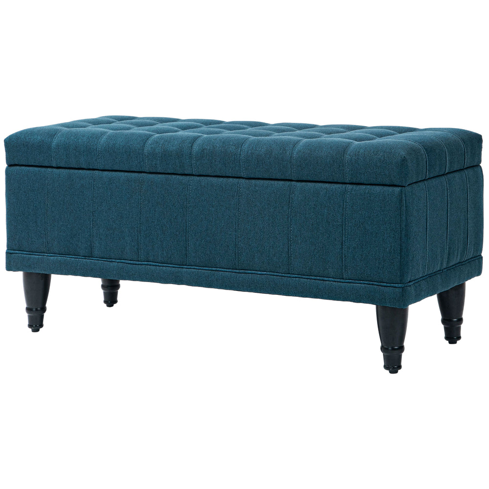 Pouf de rangement en tissu lin avec capitonnage à boutons, bleu