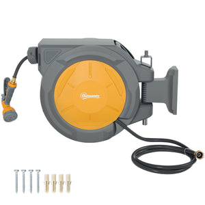 Enrouleur de tuyau d'arrosage mural rétractable, orange.