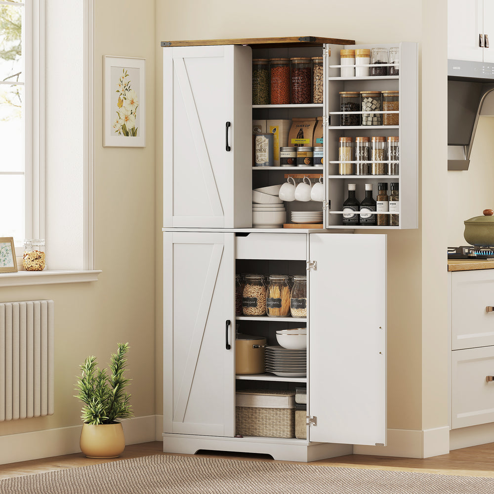 Armoire de cuisine 72 po, style campagnard, avec 4 portes, un tiroir, 8 étagères et une étagère réglable, blanche.