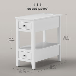 Table d'appoint étroite avec station de charge et ports USB, blanche