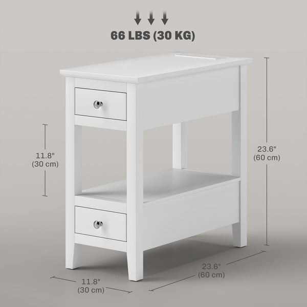 Table d'appoint étroite avec station de charge et ports USB, blanche