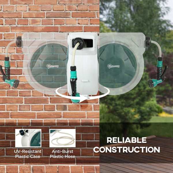 Retractable wall-mounted garden hose reel with automatic rewind