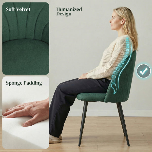 Set of 4 modern dining chairs with metal legs, shell back, and upholstered seat, green.