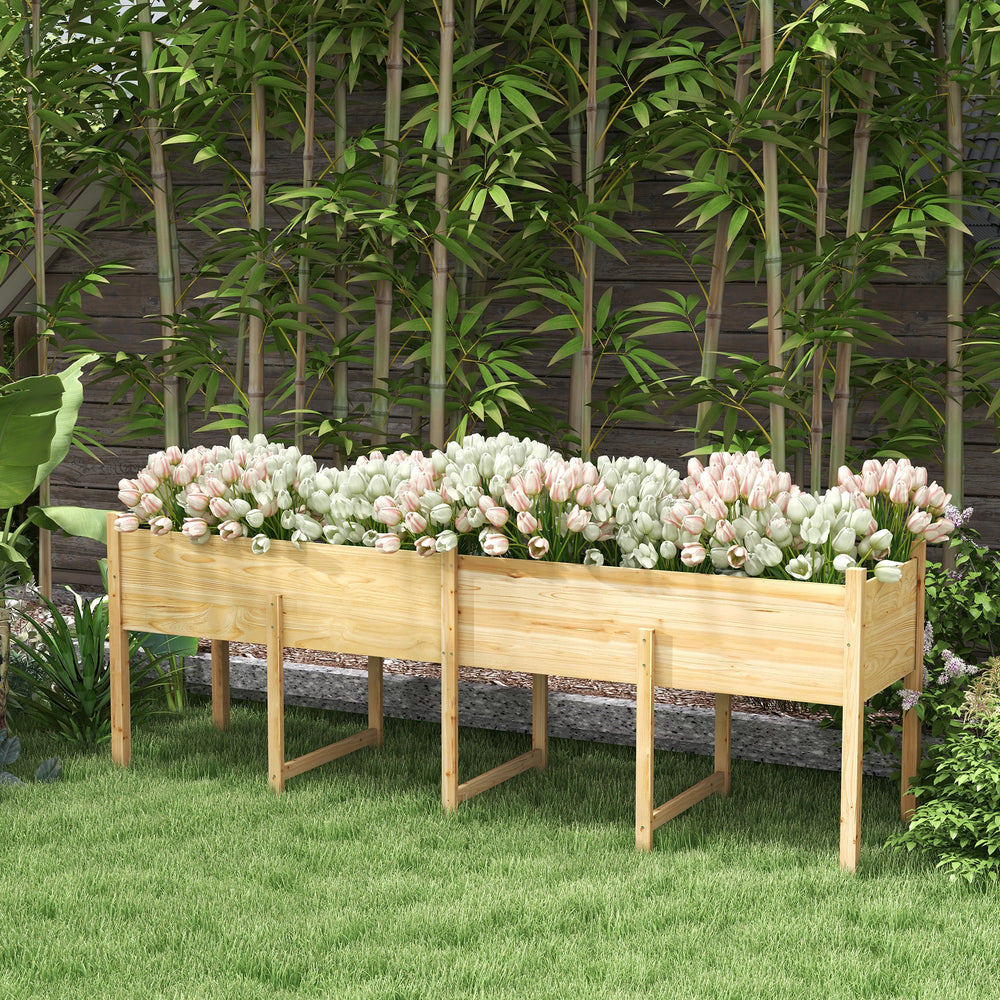Raised wooden garden bed with legs, liner and drainage holes, 225.5 cm x 55 cm x 79 cm