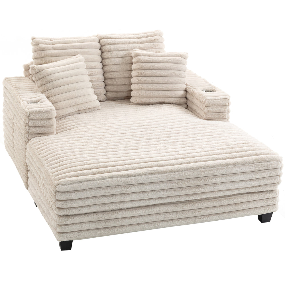 Canapé de lecture grand format en velours côtelé avec porte-gobelets et coussins, canapé-lit pour salon, beige