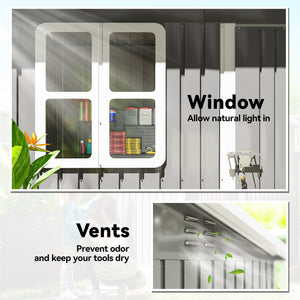 Galvanized steel garden shed with window, large lockable door and ventilation, dark grey