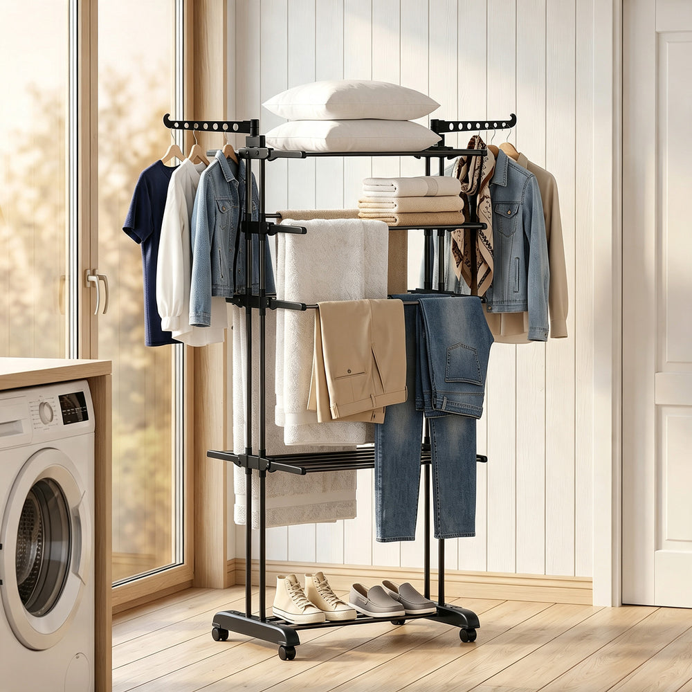 Séchoir à linge pliable à 5 niveaux sur roulettes, noir