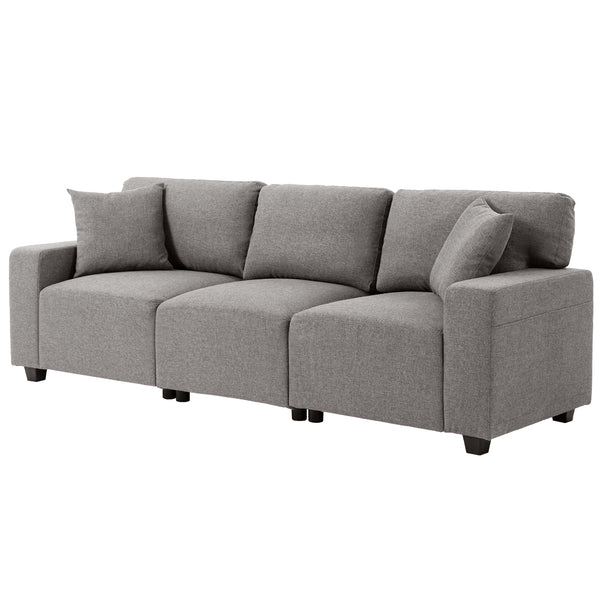Canapé 3 places avec poches de rangement, moderne rembourré avec ressorts ensachés, gris